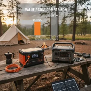 A bar graph illustrating the price per watt-hour for Jackery vs Goal Zero camping power stations.