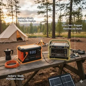 Illustration highlighting the reinforced corners and casing durability of Goal Zero versus the sleek design of Jackery.