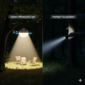 Comparison graphic showing the diffused light of a hanging tent lantern versus the narrow beam of a flashlight.