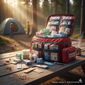 An expanded first aid kit for camping designed for large families, including pediatric supplies and extra bandages.
