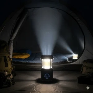 An illustration showing the three brightness levels of an LED solar powered camping lantern: low, high, and SOS.
