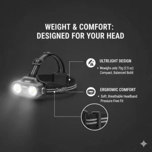 Illustration highlighting the weight and adjustable strap features of a top-rated camping headlamp.