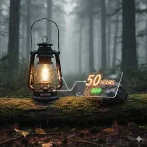 Infographic highlighting the 50-hour runtime of a rechargeable waterproof camping lantern.