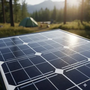 Detailed illustration of high-efficiency monocrystalline cells used in a premium solar panel for camping to maximize energy harvest.