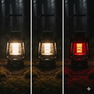 Comparison view of different brightness levels and SOS red light modes on a waterproof lantern.