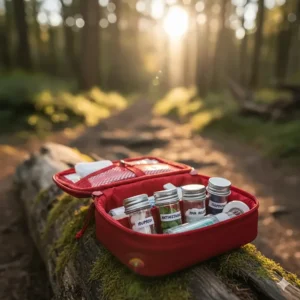 Small, labeled waterproof containers for ibuprofen and antihistamines inside a hiking medical kit.
