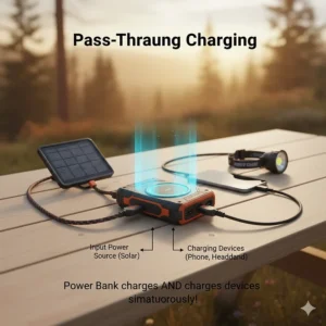 Diagram showing pass-through charging on a power bank for backpacking, where the battery and a phone charge at the same time.