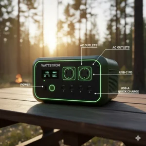 Close-up illustration of the different port types on a modern camping inverter, including AC outlets and USB-C ports.