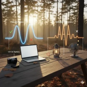 Comparison chart of pure sine wave versus modified sine wave inverter signal patterns for sensitive electronics.
