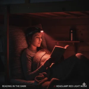 A person reading a book in a bunk using a low-intensity red light beam from their headlamp.