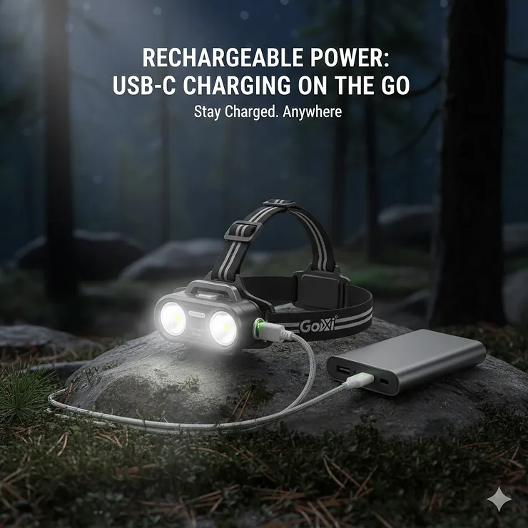 A close-up illustration of a rechargeable headlamp being plugged into a portable power bank.