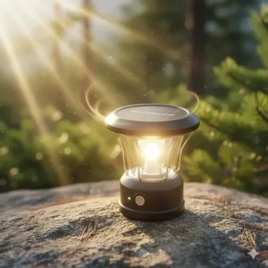 A solar powered camping lantern sitting on a rock in direct sunlight showing the charging process.