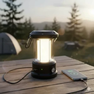 A camping lantern with a built-in solar power bank charging a smartphone via USB cable.