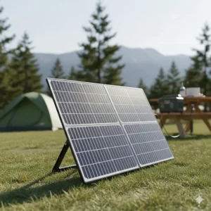 Illustration showing a solar panel for camping using an adjustable kickstand to achieve the optimal 45-degree angle toward the sun.