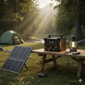 A diagram illustrating how a solar panel for camping connects to a portable power station and various electronic devices.