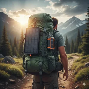 A solar-powered power bank for backpacking attached to the back of a hiking pack to charge during a trek.