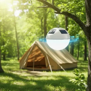 Illustration of a solar-powered hanging tent lantern charging under direct sunlight outside a tent.