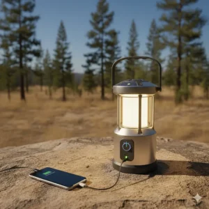 An illustration of a solar-powered camping lantern with a USB port charging under direct sunlight.