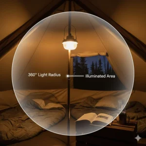 Graphic depicting the 360-degree light radius of a hanging tent lantern inside a 4-person tent.