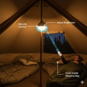 Illustration of a camper using a remote control to adjust the brightness of a hanging lantern from a sleeping bag.