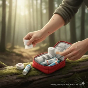 Illustration showing how to use a camping first aid kit to clean and dress a minor trail injury.