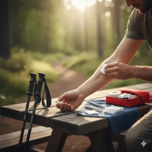 A step-by-step illustration of cleaning a scrape using antiseptic wipes and sterile gauze.