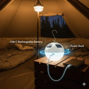 Illustration of a USB-C cable charging a portable hanging tent lantern from a power bank.