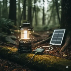 Illustration of a waterproof camping lantern being charged via USB with a built-in power bank feature.