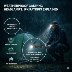 Illustration of a waterproof headlamp being used in heavy rain while camping.