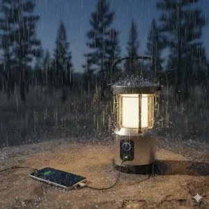 An IPX4 rated camping lantern with a sealed USB charging port being used in rainy outdoor conditions.