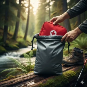 Illustration of a red first aid kit being tucked into a protective waterproof dry bag.