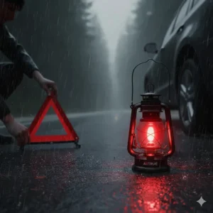 An illustration of a waterproof lantern used as an emergency signal during a storm.