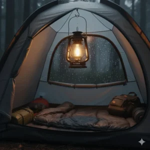 Illustration of a waterproof camping lantern hanging from a tent hook for overhead lighting.