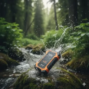 A waterproof power bank for backpacking being splashed with water to demonstrate IP67 durability.