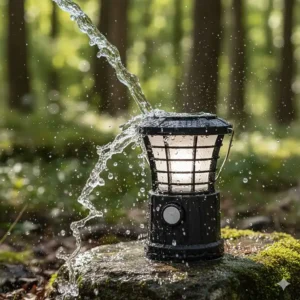 A durable solar powered camping lantern being splashed with water to demonstrate its IPX4 waterproof rating.