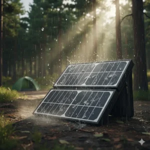 Illustration of a durable, waterproof solar panel for camping withstanding light rain and dust during an outdoor trip.