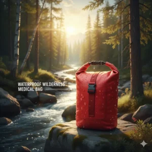 A durable, waterproof red bag used for storing wilderness first aid supplies in wet conditions.
