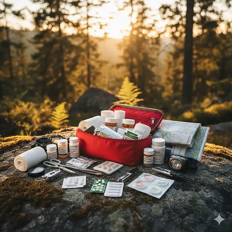 A comprehensive wilderness first aid kit laid out on a rock in a forest setting.