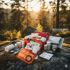A dedicated waterproof pouch for medications within a hiking first aid kit.