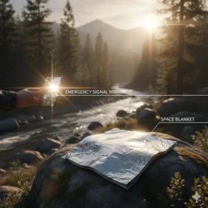 Illustration of an emergency signal mirror and space blanket included in a wilderness first aid kit.