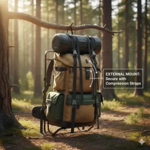 An illustration showing how to use compression straps to secure a bear canister for backpacking to the top of an external frame pack.