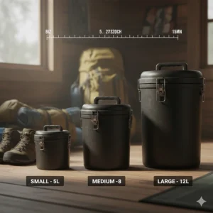 A comparison chart showing different volumes of bear canisters for backpacking ranging from 5 to 12 liters.