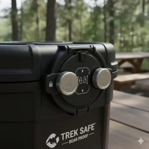 A detailed view of a coin-operated or button-release locking system on a bear canister for backpacking.
