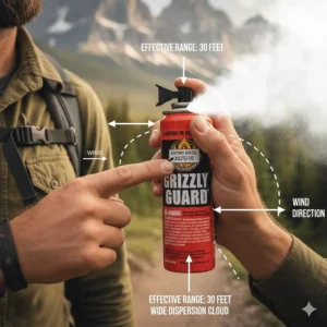 An educational diagram showing the effective spray range and cloud pattern of the best bear spray.