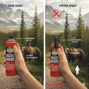 A comparison chart showing why the best bear spray is more powerful than standard self-defense pepper spray.