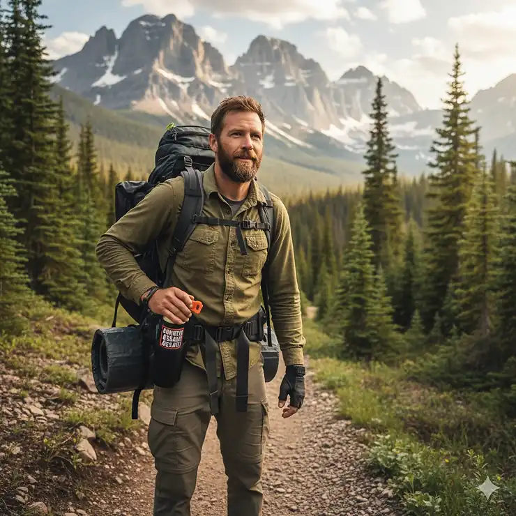 A hiker wearing the best bear spray in a hip holster while walking on a scenic mountain trail.