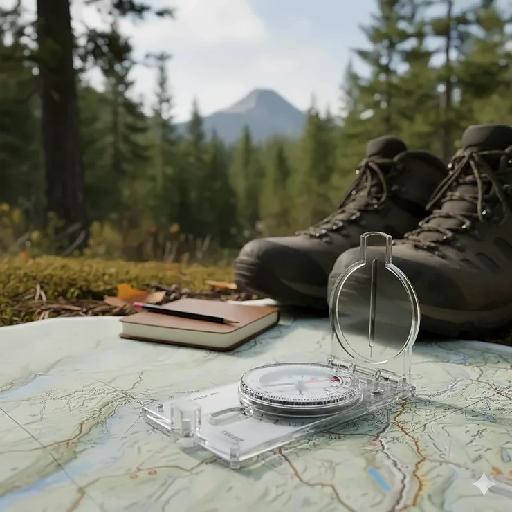 A high-quality baseplate compass for hiking placed on top of a topographic trail map.