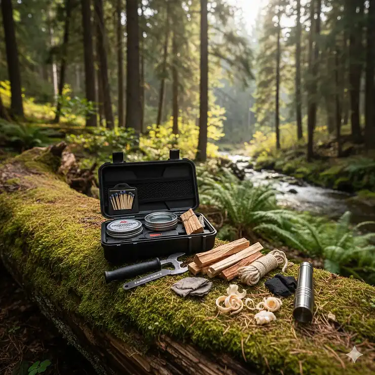 A complete fire starter kit for camping laid out on a wooden log in the forest, featuring ferrocerium rods, waterproof matches, and natural tinder.