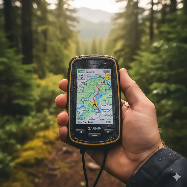 A close-up of a hiker's hand holding a modern handheld GPS device showing a topographic trail map in a forest. handheld GPS for hiking