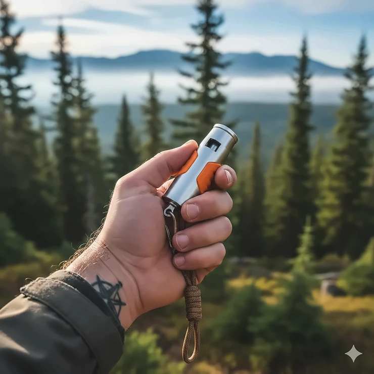 A person holding the best survival whistle against a blurred forest background, highlighting its compact and durable design.